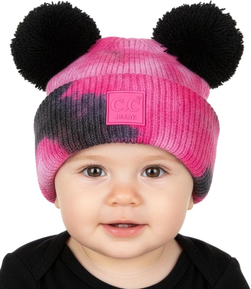 Funky Junque Double Pom Pom Baby Beanie – Newborn Girl Winter Hat 0–12 Months, Cute Cozy Knit Infant Beanies for Cold Weather - Image 1